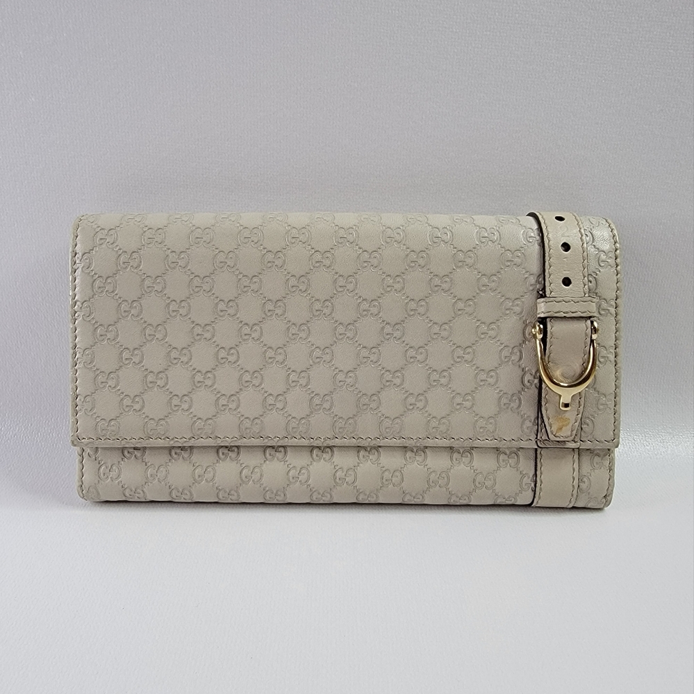 Gucci Cream Monogram Leather Wallet with Gold Buckle